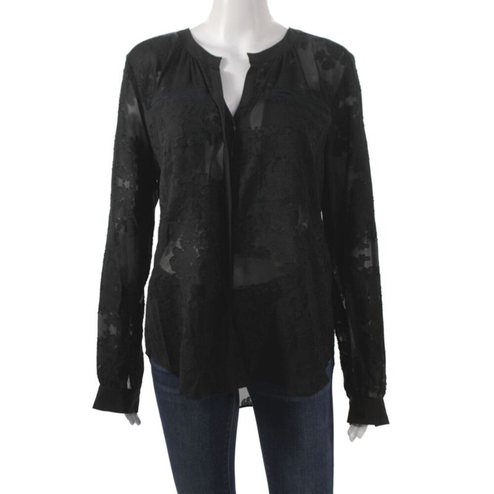 Rebecca Taylor Womens Silk Floral V-Neck Tunic Blouse Black Long Sleeve Size 10